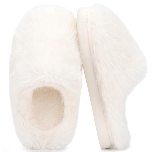 STQ Women's Fuzzy Slippers Closed Toe House Shoes Warm White Size 9 | Soft Neutral Look,Cozy Bedroom Style,Dorm Room Essential,Holiday Morning and Gift Ready