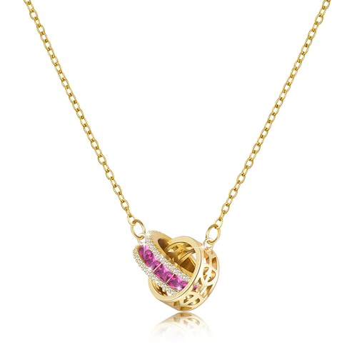 Image of Linawe Interlocking Circle Pendant Gold Necklace for Women, Hot Pink Moissanite Imitation Diamond Crystal Rhinestone Birthstone Necklaces, Hypoallergenic Stainless Steel Chain