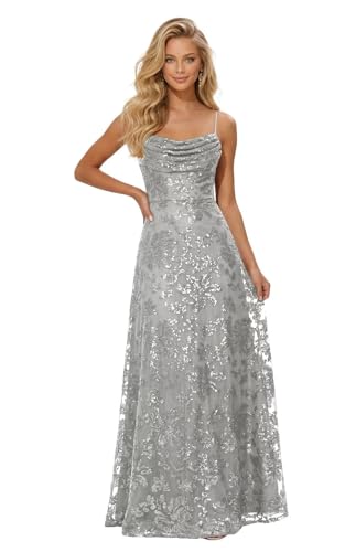 WENKAFO Cowl Neck Prom Dress Ball Gowns for Teens 2026 Sexy Lace Glitter Sequins Spaghetti Straps...