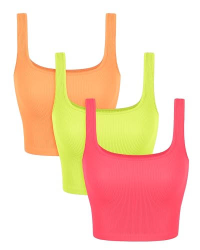 Image of ODODOS 3-Pack Seamless Square Neck Crop Tank for Women Ribbed Knit Soft Low Back Cropped Tops