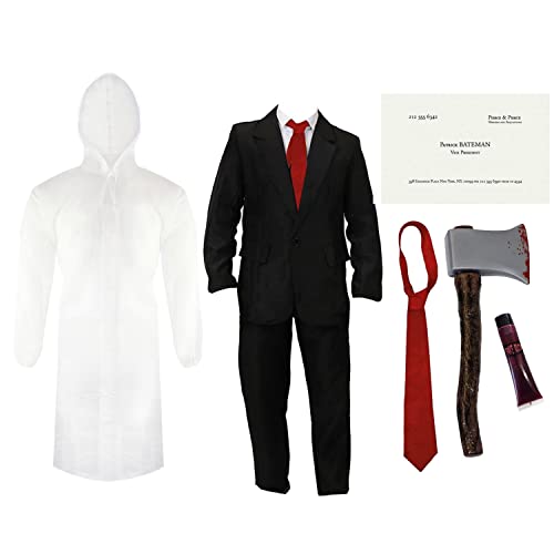 Adults Patrick Bateman Costume - X-Large - Black Suit Transparent Raincoat Red Tie Fake Axe Fake Blood and Business Card - Mens Psycho American TV Film Character Halloween Fancy Dress Costume