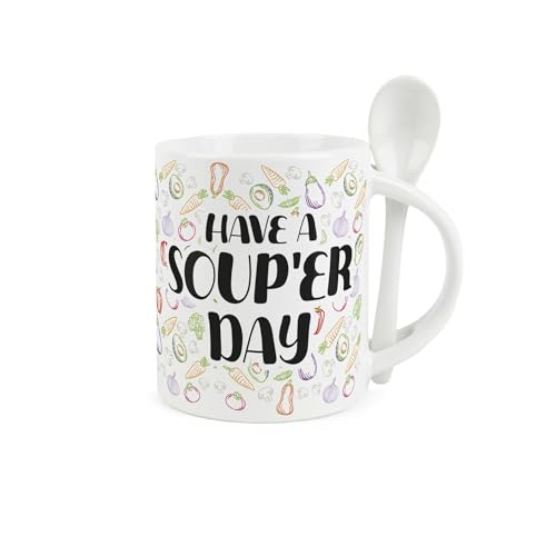 Purely Home Novelty Soup Mug and Spoon Set - Colourful Soup'er Day Gifts for Foodies - Ceramic Hot Drinks Mug with Spoon in Handle