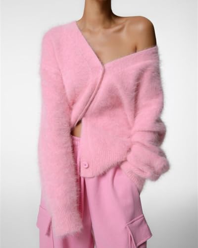 Image of Womens Fuzzy Sweaters Cardigan V-Neck Button Down Oversized Mohair Sweater Casual Y2k 2026 Fall Winter
