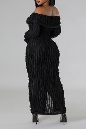 Yuopeid Women's Elegant Long Sleeve Off Shoulder Mesh Wavy Ruffle Front Slit Bodycon Maxi Beach Party Cover Up Dress2