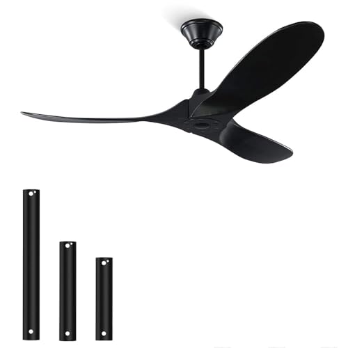 Ventilador de techo de 132 cm con mando a distancia, ventilador de techo exterior de 3 aspas con hélice de madera sin luz para patios, motor de CC, temporización de 1-8 h, Negro + Nogal