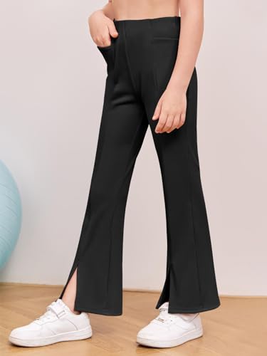 Image of Haloumoning Girls Kids Elastic Waist Ribbed Flare Split Bottom Pants Stretch Casual Long Pants(5-14Y) Black