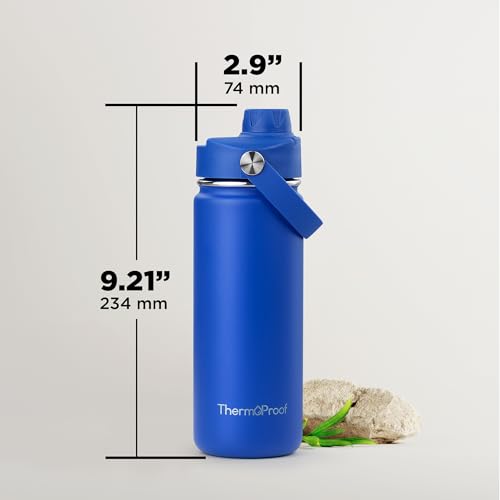Image of ThermoProof Insulated Water Bottle - Stainless Steel, Wide Mouth, Screw Lid & Spout Lids, Leakproof, Dishwasher Safe, Reusable - Keeps Drinks Hot or Cold - for Adults & Kids - 18oz, Blue