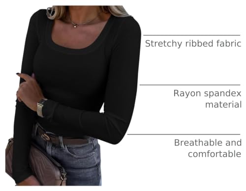 Image of Roselux Womens Long Sleeve Scoop Neck Ribbed Knit Fitted Casual Tops Tee Slim Basic Shirts