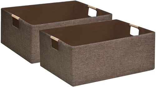 Image of Collapsible Storage Box 16.9 inchx12.5 inchx7 inch with Wooden Handles | Foldable Organizer for Closet, Shelves, Toys & Cosmetics | Durable Linen-Polyester Fabric | Space-Saving Home Organization 2Pack