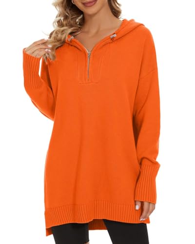 Image of Women's Hooded Sweater Loose Half Zip Drawstring Pullover Sweatshirt Top Casual Long Sleeve Side Slit Knit Hoodie