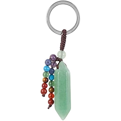 KYEYGWO Green Aventurine Crystal Point Keyring for Men Women, 7 Chakra Crystal Hexagonal Key Ring Bag Decorative Handmade Keychain Lucky Charm Reiki Healing Gemstone Cover