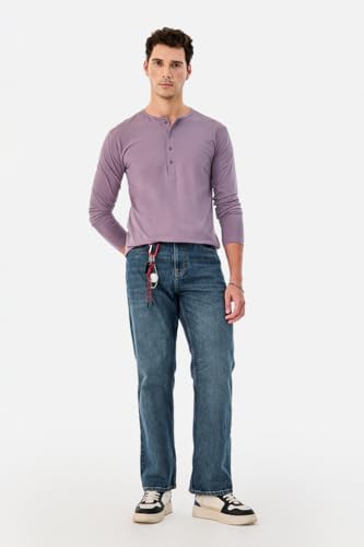 Image of SNITCH Men's T-Shirt | Regular Fit Henley Neck Full Sleeve Solid Pattern | Stretchable Rayon Cotton Spandex Blend Breathable Fabric for Casual & Everyday Wear