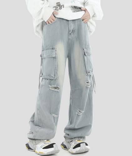Baggy Denim Cargo Pants for Men Straight Wide Leg High Waist Ripped Fashion Boyfriends Jeans with Pockets2