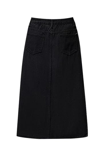 Womens High Waist A-Line Long Skirt with Slit Denim Casual Commute Straight Cut Button Front Denim Skirt2