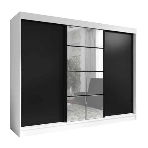 A&J MöbelLand Schwebetürenschrank ORAVELLE Kleiderschrank 3-türig mit Schubladen und Spiegel Garderobenschrank 200 cm (Weiß/Schwarz)
