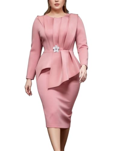 Image of ONTINVA Irregular Business Dress for Women's Outfits Ruffled Peplum Tops Floral Applique Formal Pencil Dresses