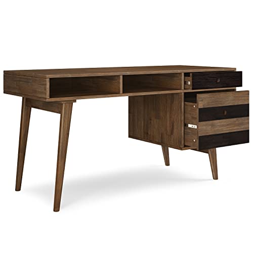 Image of SIMPLIHOME Clarkson Desk - 60 Inch Wide Solid Acacia Wood Writing Desk in Rustic Natural Aged Brown, Contemporary Home Office Computer Table for Study with 2 Side Drawers and Open Storage Compartments