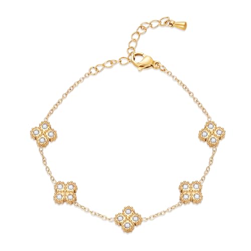 18K Gold Plated Clover Bracelet for Women Four Leaf Cubic Zirconia Stainless Steel Dainty Flower Link Bracelets