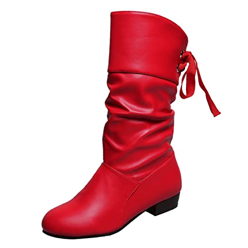 Generisch 2026 Botines Mujer Color Sólido Plisado Pajarita Tacón Grueso Botas Medianas, rojo, 38 EU