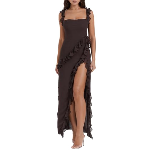 Image of Lossarye Women's High Slit Ruffle Bodycon Maxi Dress Wide Strap Square Neck Backless Wedding Party Prom Dress