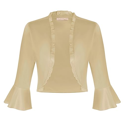 Belle Poque Bolero Corto Festivo de Las Mujeres Elegante Chaqueta de Hombro Manga Larga Chaqueta de Boda, champán, L