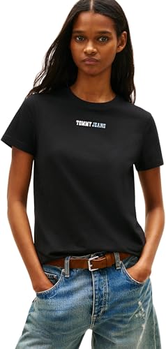 Tommy Jeans Damen T-Shirt Kurzarm Essential Logo mit Rundhalsausschnitt Schwarz (Black) L