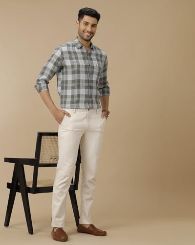 Image of Linen Club Men's Pure Linen Green Checked Contemporary Fit Full Sleeve Casual Shirt
