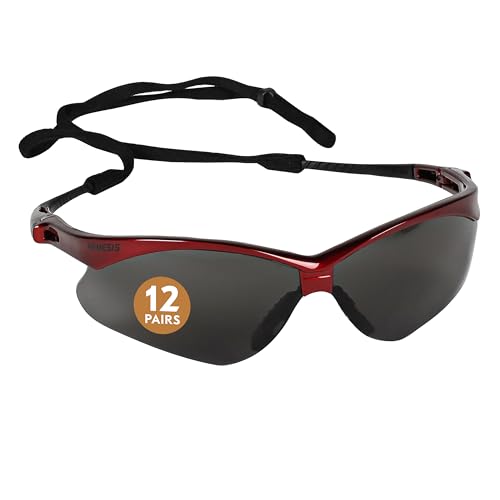 KleenGuard V30 Nemesis Safety Glasses (22611), Smoke Anti-Fog Lens, Red Frame, 12 Pairs / Case