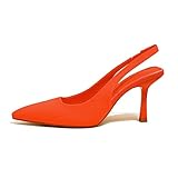 AZMODO Women High-heel Fabric Slingback Pumps Kitten Heel Pointed Toe Slip-On Back Strap Sandals Mules Court Shoes (Orange, 8)
