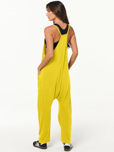 ANRABESS Jumpsuits for Women Casual Summer Overalls Sleeveless Spaghetti Strap Romper Jumpers Trendy Beach Vacation Outfits Yellow X-Large