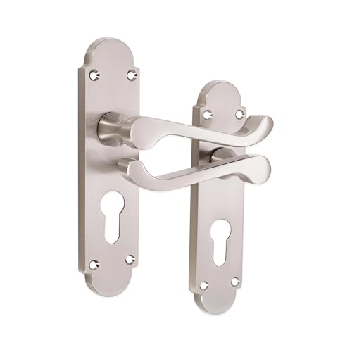 Image of Infinity Decor Victorian Scroll Lever Euro Profile Door Handle on Shaped Backplate Set Passage Door Pulls – Suitable for Internal & Exterior Doors (Polished Chrome)