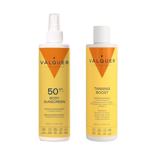 Valquer Pack Solar Corporal Spray Protector 300ml y Crema Hidratante Aceleradora del Bronceado 300ml. Protección SPF 50 Proporciona una Piel Bronceada, Hidratada y Suave. Aroma Monoi de Tahití. Vegano