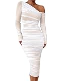 GOKATOSAU Women's Elegant Long Sleeve One Off Shoulder Mesh Full Ruched Bodycon Midi Dress White