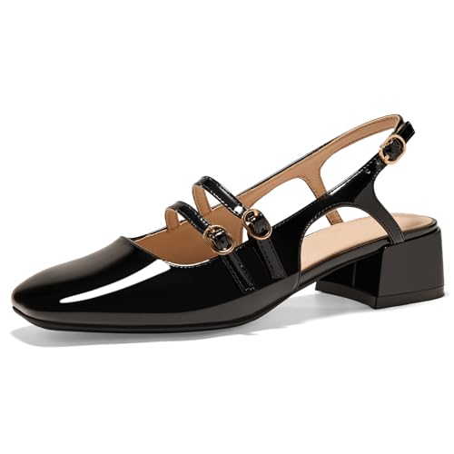 GotSoft Women's Mary Jane Chunky Low Block Heels Slingback Pumps Closed Square Toe Double Strap Wedding Dress Shoes, Black, Size 9