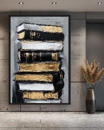Tableau de livres abstrait noir et or pour habiller un mur vide de chambre