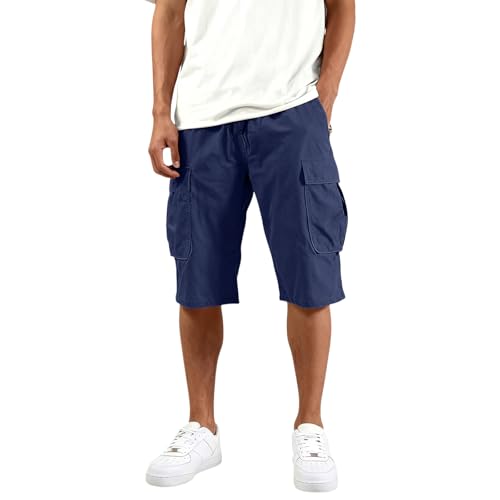Mens Shorts Cargo Big and Tall Below Knee Drawstring Elastic Waist Mens Athletic Shorts with Pockets Lightweight Fashion Hiking Short Pants Plus Size Summer Outdoor Capri Tactical Short Navy-M