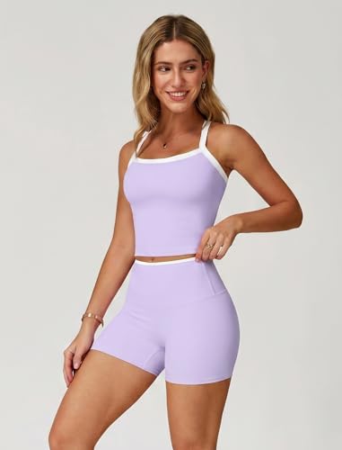 Image of ABOCIW 2 Pieces Workout Sets for Women, Cross Back Tank Top Matching High Waist Biker Shorts, Gym Yoga Pilates Outfits