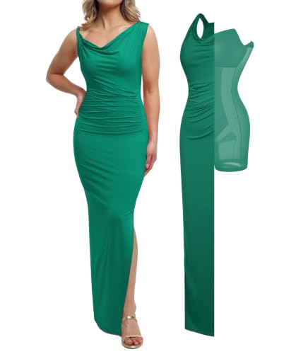 Image of Popilush Maxi Formal Dresses for Women, Shapewear Ruched Dress | Bodycon, Tummy Control, Gowns with Slit, Prom and Wedding Guest