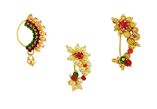 Image of Medium Size Traditional Maharashtrian Banu Nath Nose ring without piercing Pearl Gold Plated Nath Combo Clip On Nose Ring For Women