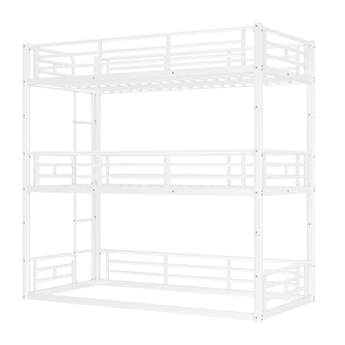 Image of Twin Over Twin Over Twin Bunk Bed with Safety Guardrails, Modern Metal Triple Bed Frame for Kids, No Box Spring Required, White