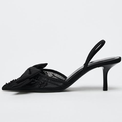 YIYA Women's Black Embroidered Mesh Slingback Kitten Heels with Cute Bow Closed Pointed Toe Stiletto Heels Party Dress Slip On Pumps Shoes2