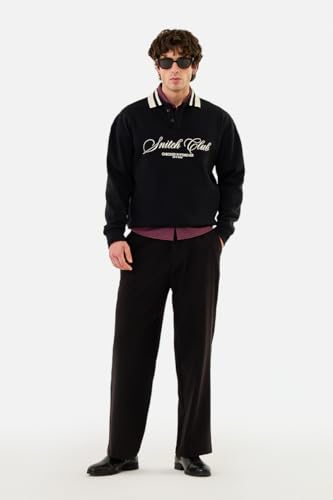 Image of SNITCH Men's Sweatshirt | Oversized Fit Pullover with Embroidered Logo & Contrasting Striped Polo Collar | Stylish Polyester Cotton Blend Casual Wear