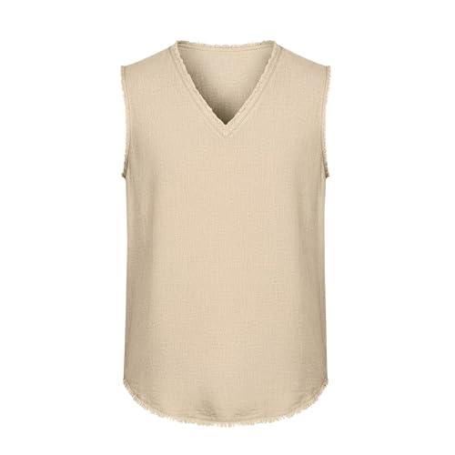 Camiseta de lino para hombre sin mangas cuello en V playa 4