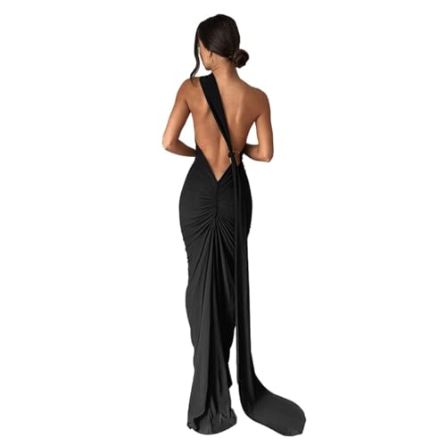 Qianderer Y2k rückenfreies Damenkleid, ärmellos, figurbetont, Neckholder, offener Rücken, Maxikleid zum Ausgehen, elegant, Party, Cocktail, langes...
