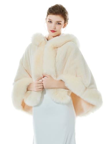 BEAUTELICATE Cape à Capuche Fourrure Poncho Châle Étole Capuchon Manteau Courte de Femme Hiver Mariage Mariée Demoiselle d'honneur Soirée Noël(Taille...