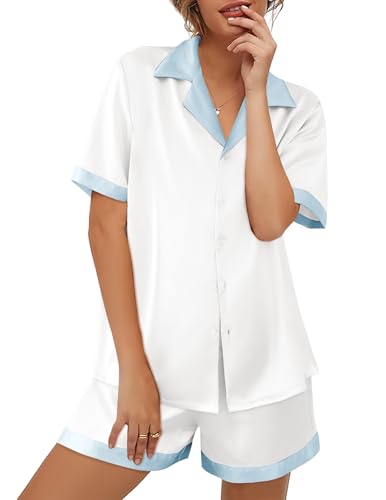 Image of Ekouaer Womens Silk Satin Pajama Set Short Sleeve PJs 2 Piece Button Down Top and Shorts Notch Collar Sleepwear Sets Soft Pjs | Soft sleepwear with pockets, botton down lounge sets, ideal for Home relaxation, Wedding, Party, Daily Wear & Breastfeeding