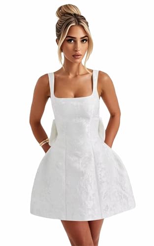 Jacquard Satin Short Homecoming Dresses for Teens with Bow 2025 Square Neck A-line Floral Cocktail Dress with Pockets