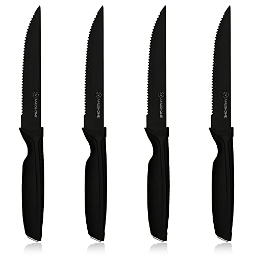 AMUSHOME Steak Knives Set of 4 I Stainless Steel Steak Knife with Sharp Serrated Edge & Ergonomic Non-Slip Handle, Rust-Proof & Scratch-Resistant…