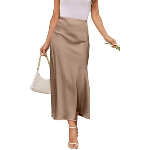 JEAAMKSSER Women's Satin A-Line Midi Skirt High Waisted Flowy Spring Skirts Elegant Cocktail Party Skirts # Khaki S Cover