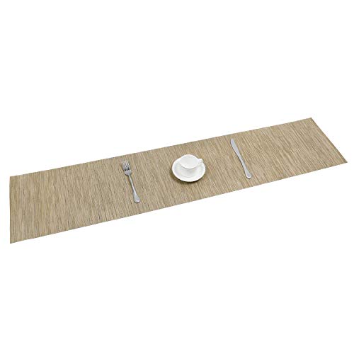 SHACOS Woven Vinyl Table Runner Indoor Outdoor 12x54 inch Kitchen Dining Table Runners Wipe Clean Washable PVC Table Runner, Bamboo Tan